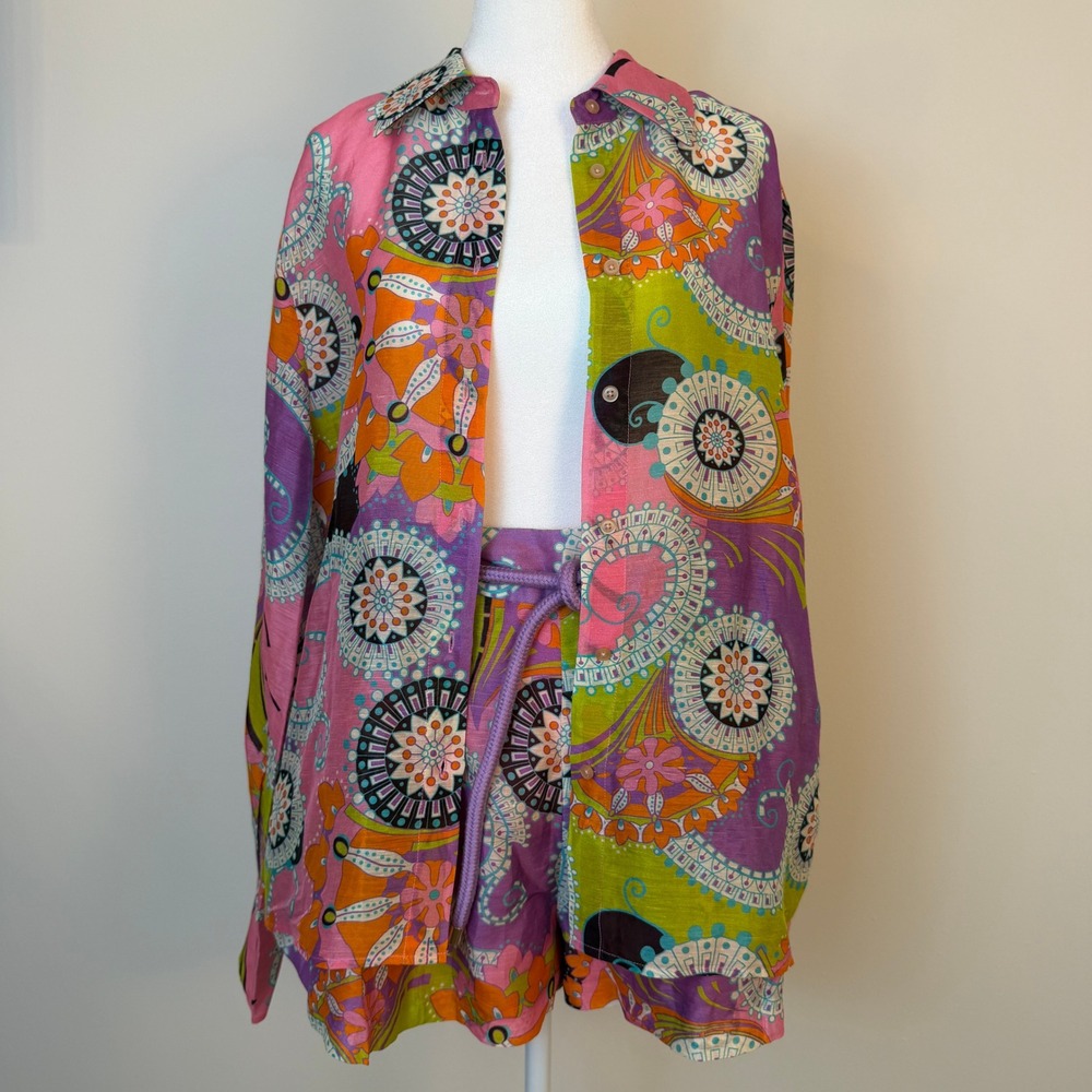 Alexis Saine Top Costa Shorts Womens Medium 2-Piece Set Linen Silk Retro Resort - Picture 8 of 16